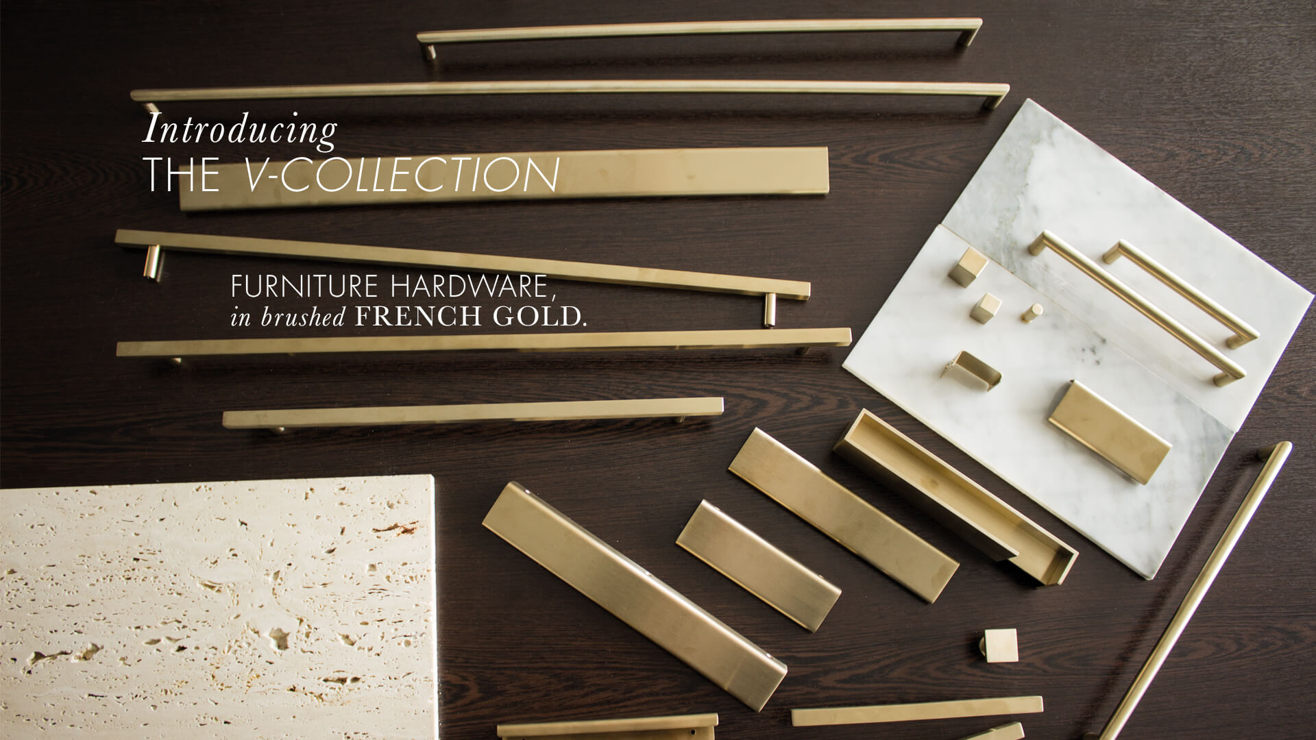 Lerou V-Collection: Furniture Hardware in Brushed French Gold. Lerou V-Collection: Meubelbeslag in geborsteld French Gold.